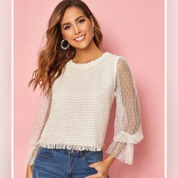 Embroidery Mesh Sleeve Raw Hem Tweed Top - Picture 1 of 1